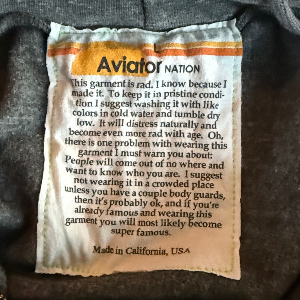 Aviator Nation Gray Zip Hoodie with Retro Yellow Orange red white stripes - Picture 6 of 14